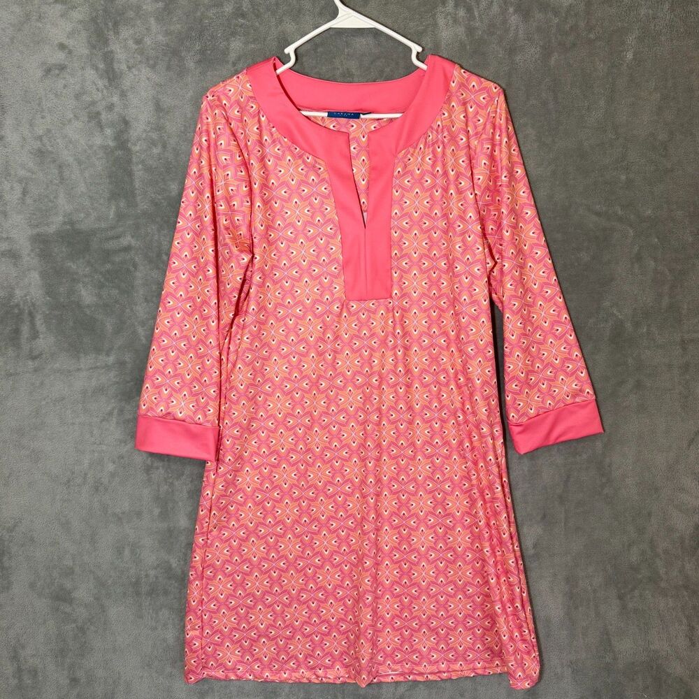 Cabana Life Women's L Pink Geometric Print 3/4 Sleeve Tunic Beach Cover Up UPF